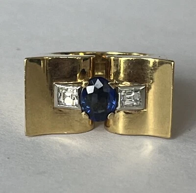 6249- Bague Tank Or Jaune Saphir Diamants - Photo 1/4