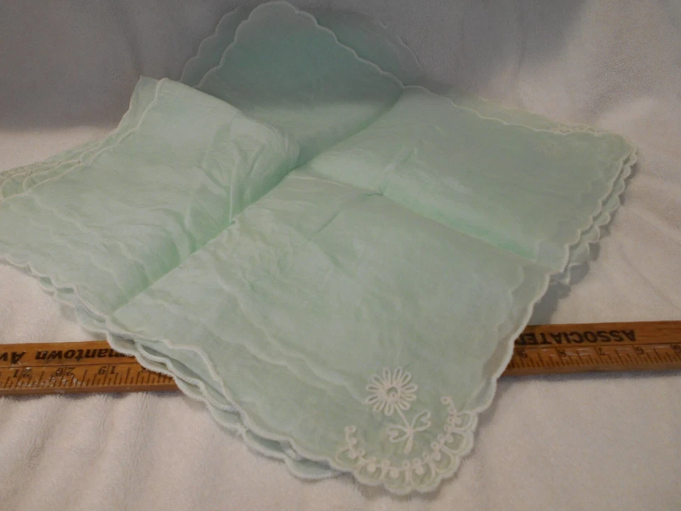 Lot of 6 Mint Green Silk Napkins embroidered and trimmed in white - Image 1 of 1