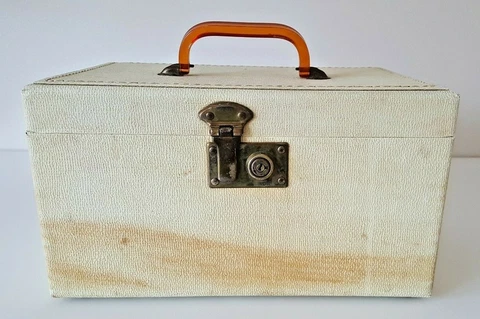 VTG Mirror Train Trunk MidCentury Collector Lucite Amber Handle Bakelite & Brass Cover