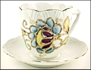 Antique Victorian Fab Floral 'A Present' Teacup Saucer Sculpted Gold Tea Cup - Picture 1 of 6