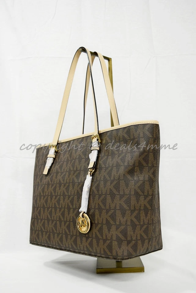 Michael Kors Jet Set Travel 38F6GTVT3B Signature PVC Top Zip Tote Brown