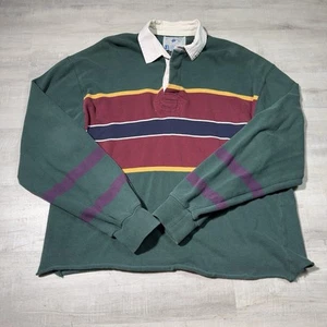 Lands End Mens Rugby Shirt Green Medium Polo Long Sleeve Casual Striped Preppy - Picture 1 of 6