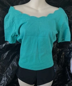 VTG ITALIAN SHORT SLEEVE BLUSE WOMENS MEDIUM COTTON USA 80s GREEN Read - Picture 1 of 7