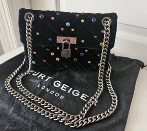 Kurt Geiger Black Mini Brixton Quilted Velvet Lock Rhinestone Crossbody Bag - Picture 1 of 16