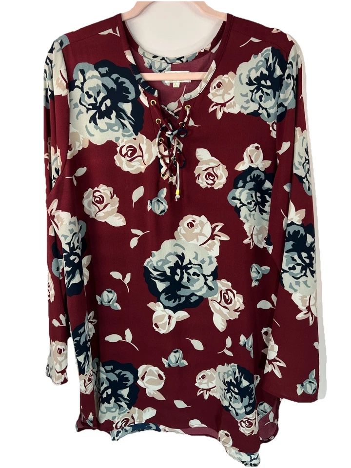 Top túnica Mud Pie L Borgoña floral con cordón escote LS campesino cottagecore Foto 1 de 4