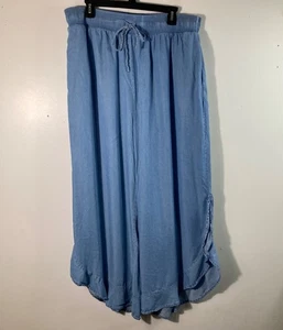 Womens Cato Wide Leg Lagenlook Chambray Ruffle Hem Pants Blue 18/20W - Picture 1 of 11