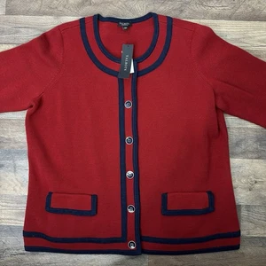 NWT Talbots Red Navy Blue Trim Button Cardigan Knit Christmas Sweater Size 1XP - Picture 1 of 19