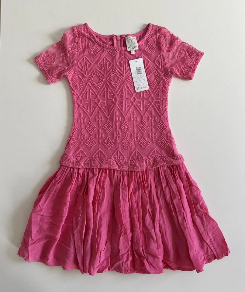 Vestido Ella Moss para Meninas Rosa Quente Tamanho 7-8 Geométrico Bordado Malha Corpete Novo com etiquetas - Imagem 1 de 4