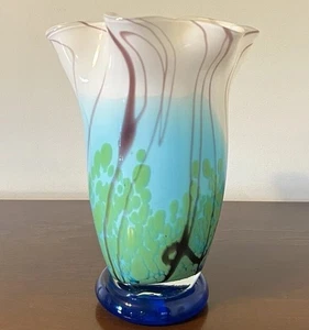 Norcrest 10” Ruffled Art Glass Vase Blue Abstract Green Polka Dot Purple Swirls - Picture 1 of 9