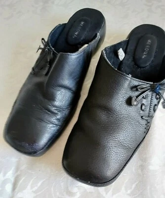 Merona "Alana" Black Leather Clogs Mules Slip On Shoes Size 9.5. Good Condition. - Image 1 of 4