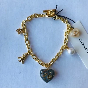 Pulsera Deslizante COACH 5 Dijes/Corazón Multicolor Dorado - Tono con Bolsa Joyería - Imagen 1 de 10