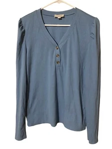 Loft Outlet Henley Top Womens Medium Blue Ribbed Puffy Long Sleeves Preppy Comfy - Picture 1 of 14