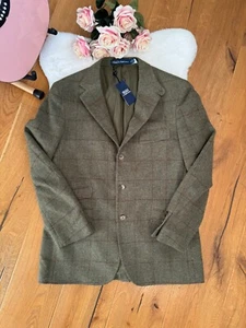 Polo RALPH LAUREN WOOL BLAZER Tweed Linen Mens Jacket Check Green size 44 L EU54 - Picture 1 of 15