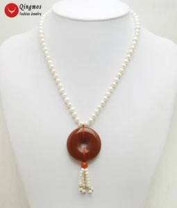 Collar colgante natural redondo blanco perla y donas de 40 mm ágata roja joyería - Imagen 1 de 18