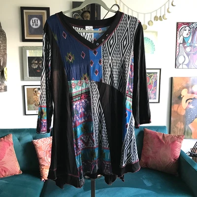 Петрушка и шалфей размер L черный и синий этнический вдохновленный печать Artsy эластичной туника Топ - Изображение 1 из 4