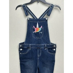Cat & Jack Girls Distressed Blue Stretch Denim Bib Overalls Large 10-12 Unicorn - Picture 1 of 16