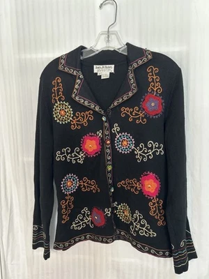 Cardigã Jack B Quick M bordado preto suéter BOHO mistura de algodão manga longa - Imagem 1 de 4