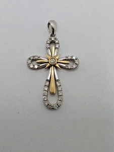 Gelb & Weiß 14K Gold Diamant Kreuz Anhänger - Bild 1 von 8