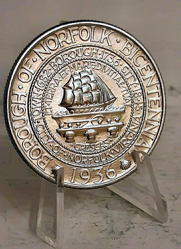 1936 - NORFOLK COMMEMORATIVE SILVER 50C PIECE HALF DOLLAR RAW UNCIRCULATED COIN - Image 1 of 2