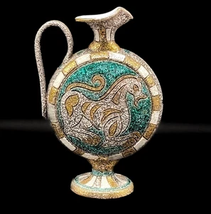 Vintage Fratelli Fanciullacci Moon Flask Ewer Vase Stylised Horse Green Gilt - Picture 1 of 8