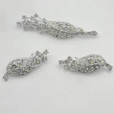 Vintage Emmons Brooch Earrings Set Silver Tone Rhinestone Signed - Image 1 of 4