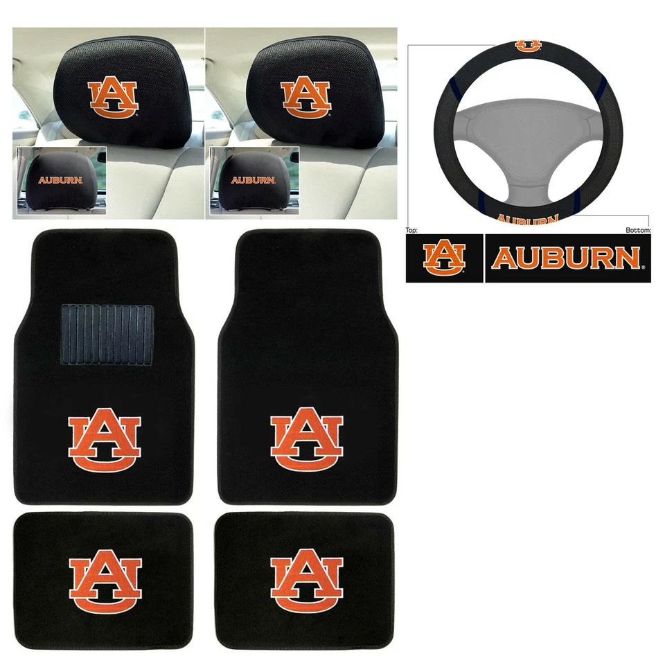 7pc NCAA Auburn Tigers Car Truck Floor Mats Steering Wheel Cover Headrest Covers - Image 1 of 4