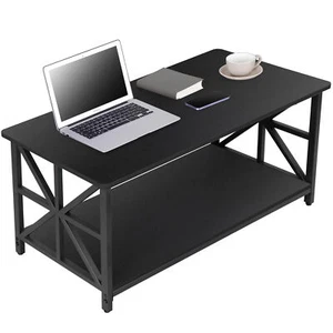 2-Tier Center Coffee Table for Living Room w/Storage Shelf & Round Corners Black - Picture 1 of 21