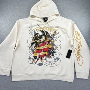 Ed Hardy Eagle Heart Tattoo Hoodie Mens XXL Ivory Sweatshirt Gold Font NEW - Picture 1 of 12