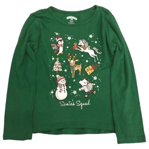 Girls Long Sleeve Green Sparkle Santa Squad Holiday Christmas Tee Shirt - Picture 1 of 2