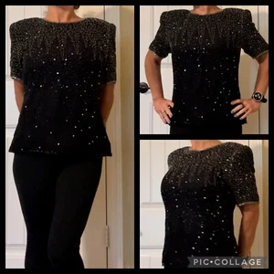 Lawrence Kazar Petites Silk Black Silver Heavily Bead & Sequin Evening Top Sz PS - Picture 1 of 12