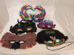 Lot of 5 Mardi Gras Masquerade Eye Masks Halloween Costume Multi Color Feathers - Picture 1 of 3