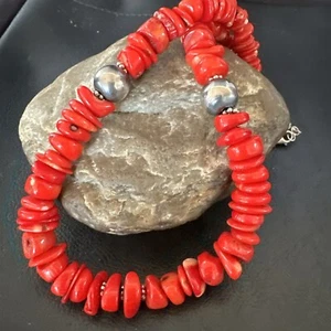 Red Coral Navajo Pearls Sterling Silver Bead Necklace 17” 18392 - Picture 1 of 12