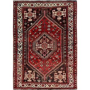 3'9"x5'1" Crimson Red Vintage Zoroastrian Sheeraz Hand Knotted All Wool Rug R873 - Picture 1 of 7
