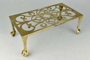 Vintage Solid Brass Ornate Fireplace Bench Footman Stool Lion Paw Feet ENGLAND - Picture 1 of 16