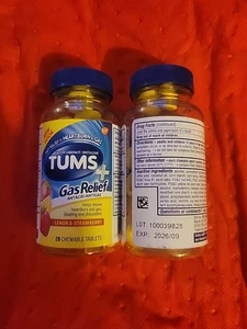 LOT 2 TUMS + GAS RELIEF ANTACID/ANTIGAS LEMON & STRAWBERRY 28 CHEWABLE TABLETS - Picture 1 of 3