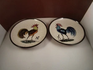 Vintage Pair of Signed Italy Terracotta Art Pottery Rooster Small Plates Crackle - Picture 1 of 16