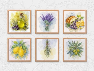 Italian Kitchen Watercolour Wall Art Prints – Lemons, Olives & Herbs, Rustic - Image 1 of 4