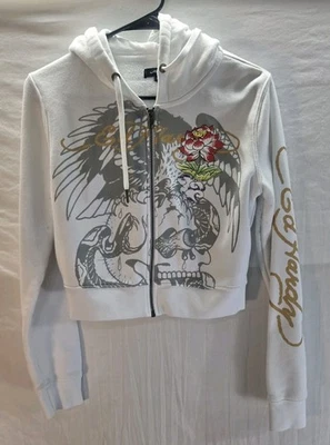 Sudadera con capucha Ed Hardy para mujer grande blanca recortada con cremallera Foto 1 de 4