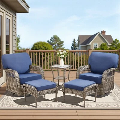 Juego de 5 sillas de mimbre de conversación de ratán para patio bistró al aire libre con reposapiés Foto 1 de 4