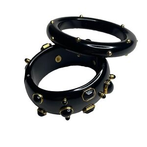 Lot Of 2 Vintage Black Lucite Studded Bracelet Joan Rivers Cuff Bangle
