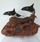 Vintage John Perry Burl Wood Sculpture With Pair Of Orcas