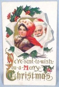 Santa Claus Postcard Merry Christmas Girl Holly Die Cut Vintage #21 - Picture 1 of 4