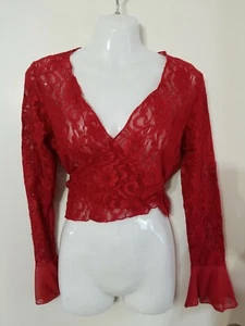 Frederick of Hollywood Y2K Lace Cropped WrapTop Tie Blouse Ruffle Bell sleeve M - Picture 1 of 7
