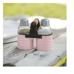 Country Farmhouse Mason Jar PINK Salt and Pepper Galvanized Tin Caddy - Picture 1 of 1
