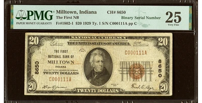1929 Milltown, IN $20 Type 1 The First National Bank Ch. # 8650 PMG VF25 Binary - Image 1 of 2