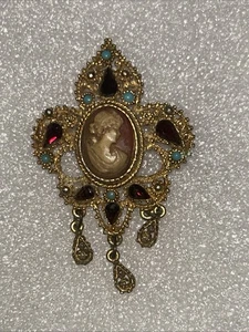 FLORENZA Style BROOCH CARVED CAMEO COLORFUL RHINESTONES VICTORIAN Reproduction - Picture 1 of 6