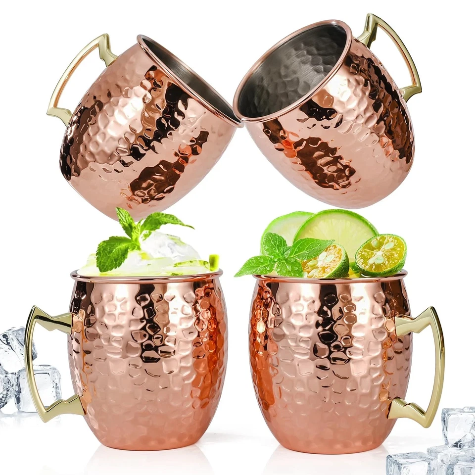 Juego de 4 tazas de cobre martillado Moscow Mule de 16 OZ con acero inoxidable 304... Foto 1 de 4