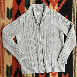 LL BEAN Cotton Sweater Womens M Cable Knit Gray Zip Up Country - Picture 1 of 11