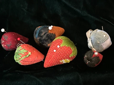 Antique STRAWBERRY  pin cushions 6  silk , cloth  sweet collection 6 total Cover