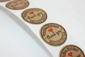 Thank You Decorative Stickers, Flat Round with made with Love, BurlyWood, 25mm - Picture 1 of 3